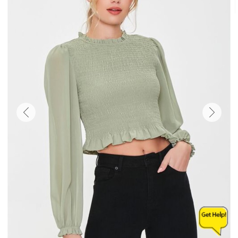 Forever 21 Smocked Ruffled Long Sleeve Top Sage Green